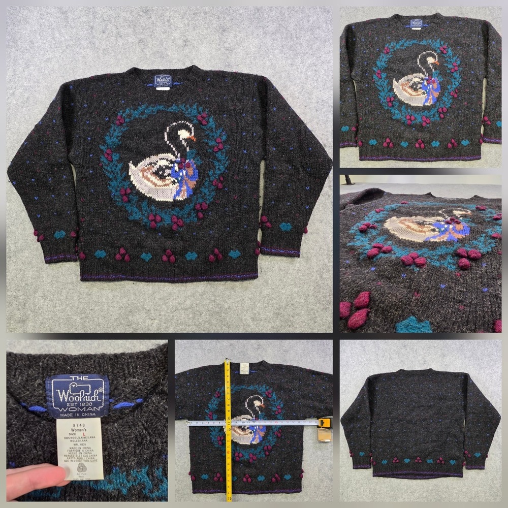Woolrich Sweater Womens Large Grayโ Wool Swan Wreath Christmas Knit Pullover